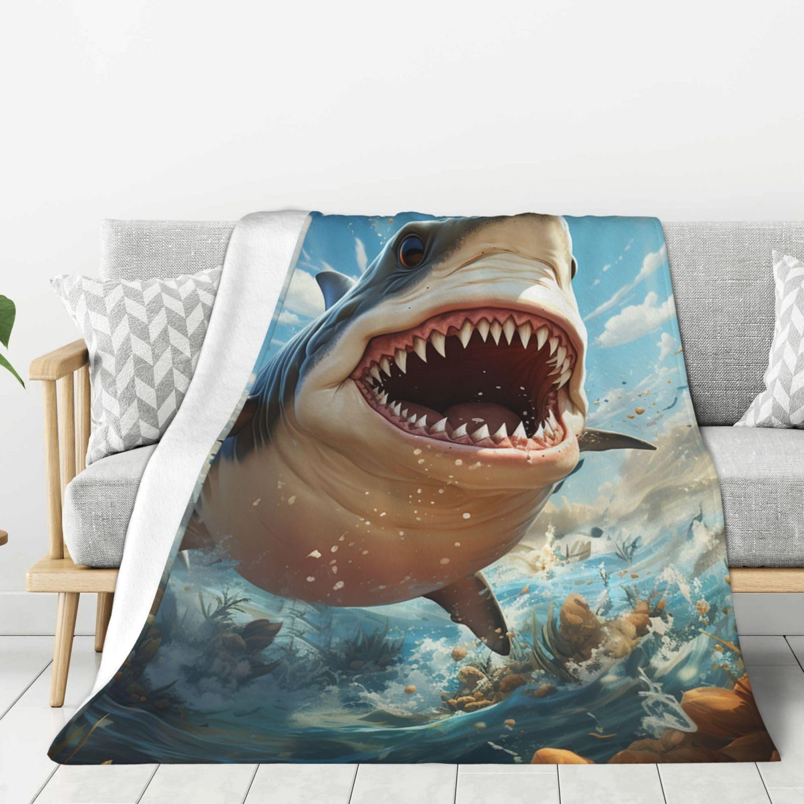Shark with Open Mouth Throw Blanket Plush Flannel Fleece Blanket, Soft Lightweight Cozy Blankets 60"X50" for Bed Couch Sofa Travel