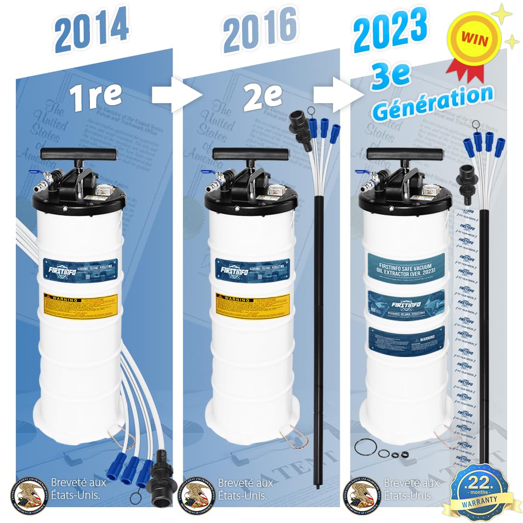 FIRSTINFO Extracteur d’Huile Pneumatique et Manuel 9L, 3e Génération Brevetée, Fabriqué à Taïwan, Pompe de Vidange par Aspiration avec Manomètre, 5 Tuyaux Dont Sonde Ultra-Fine 130 cm, A1108EUY5