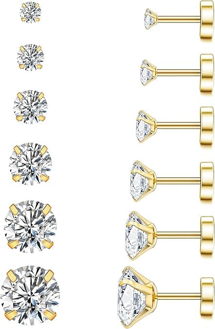 WSSXC 20G Hypoallergenic Flat Back Earrings for Women Men Silver 14K Gold Stainless Steel Stud Earrings Brithstone Cubic Zirconia Studs Surgical Steel Cartilage Earrings for Sensitive Ears