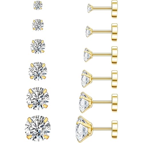 WSSXC 20G Hypoallergenic Flat Back Earrings for Women Men Silver 14K Gold Stainless Steel Stud Earrings Brithstone Cubic Zirconia Studs Surgical Steel Cartilage Earrings for Sensitive Ears
