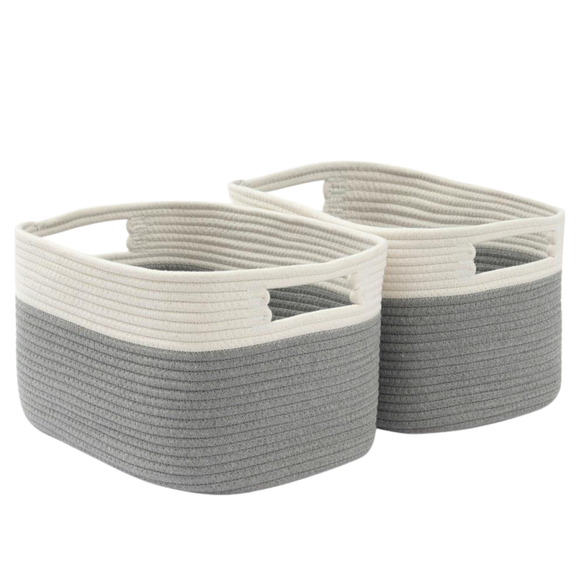 Woodluv Woven Storage Baskets Set of 2, Cotton Rope Basket for Shelves Closet, Shelf Baskets for Books Toys, Towels, for Home Bathroom Decor, 33x23x20cm, Grey