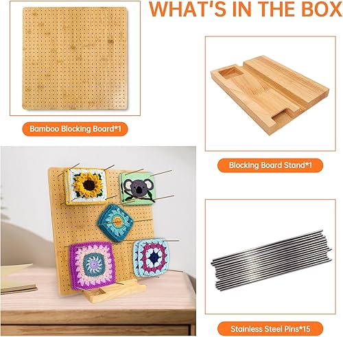 Miniatura 3 de Iswabard Alfombrillas de bloqueo de 15 x 15 pulgadas, tabla de bloqueo para ganchillo con 15 varillas de acero inoxidable, tabla de bloqueo de