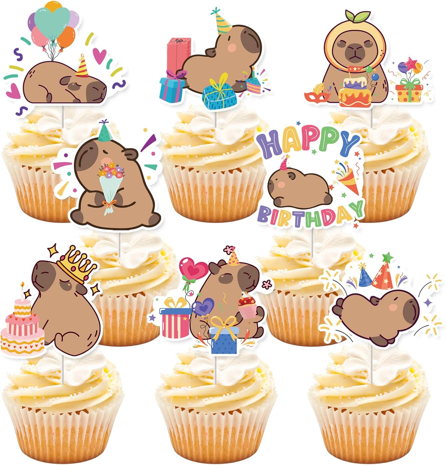 40Pcs Capybara Happy Birthday Cupcake Toppers Capybara Birthday Decorations Capy Bday Animals Decor Party Supplies