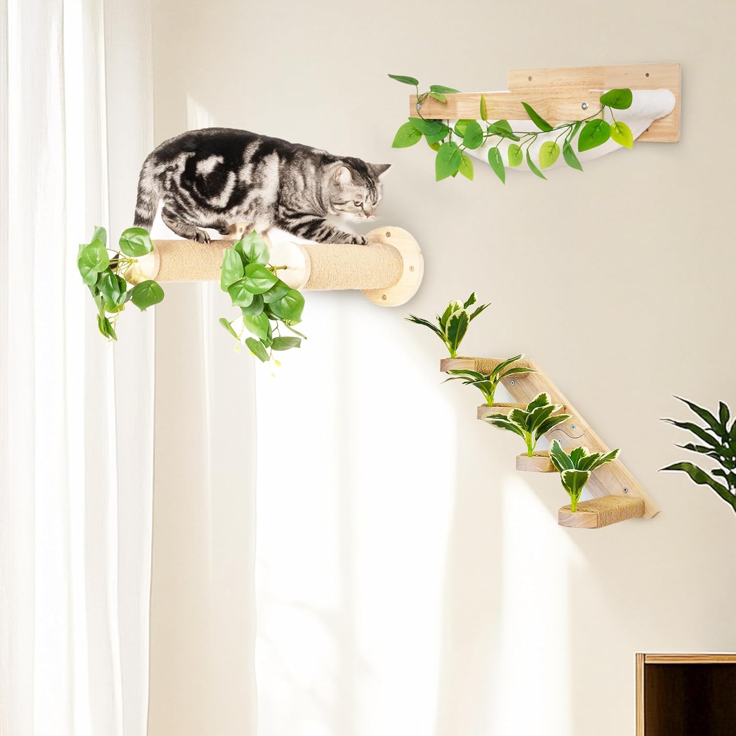 MEOWOOU 3 in 1 Cat Wall Furniture Set, 3 Pack Climbing Shelves Set, Cats Hammock, Wall Climbing Steps, Solid Rubber Wood Wall Shelf Cat Steps and Perches for Sleeping, Climbing, Scratching and Playing