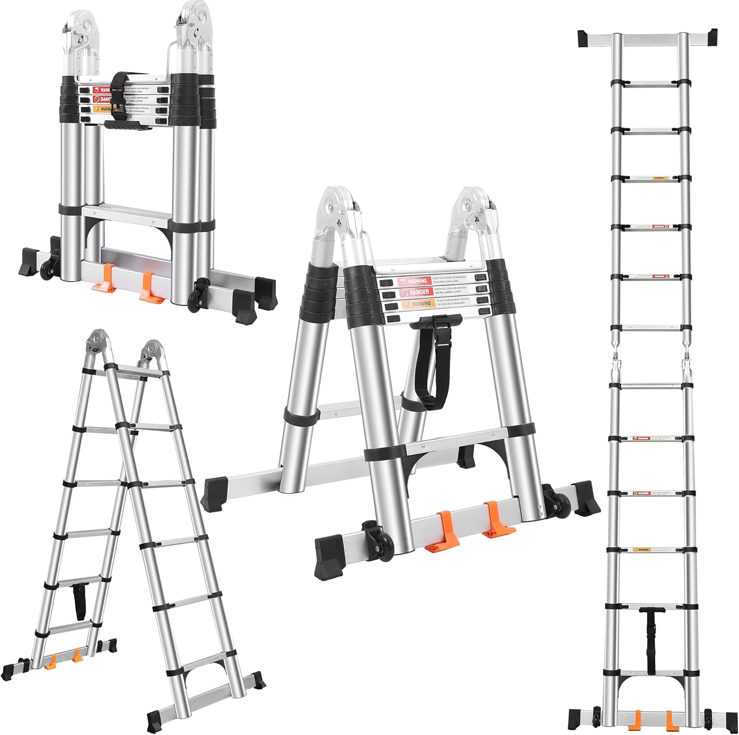 Telescoping Ladder A Frame 12.5 FT, Aluminum Extension Ladder, with Balance Bar & Stabilizers, Collapsible Foldable Ladder for Indoor & Outdoor, Multi-Position Ladder for Home, 330lbs Capacity