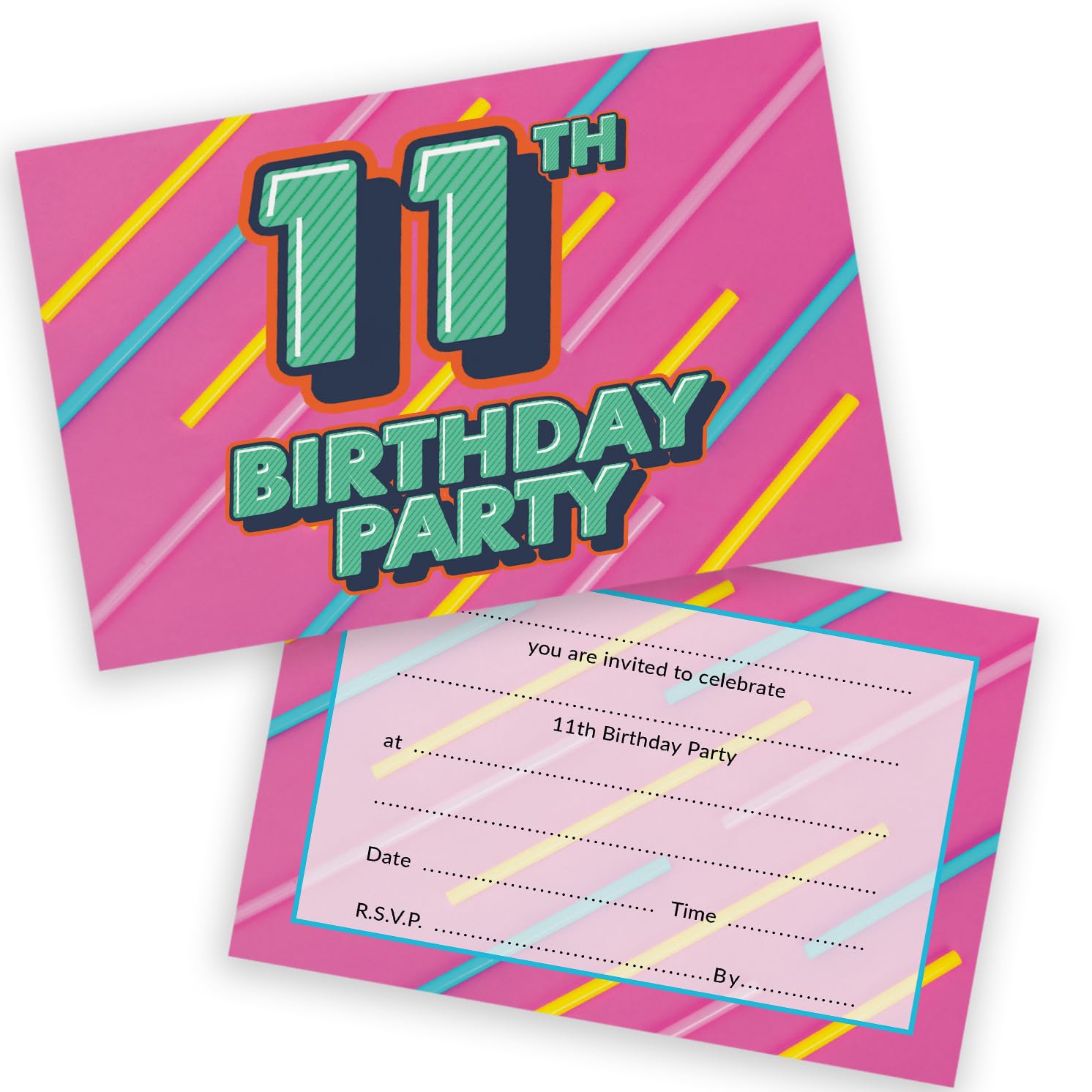 11th Birthday Party Invitations Kids - Funky Colours 36 Pack - Childrens Birthday Invitations for Boys/Girls A6 Bday Party Invites Invitation Cards with Folding Envelopes