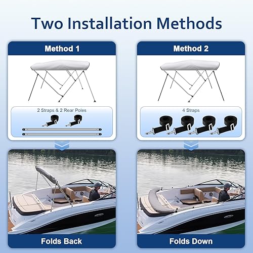 Miniatura 5 de Cubierta superior Bimini de 3 arcos y 4 arcos para barco, incluye 4 correas, 2 postes de soporte traseros, funda de almacenamiento de accesorios de