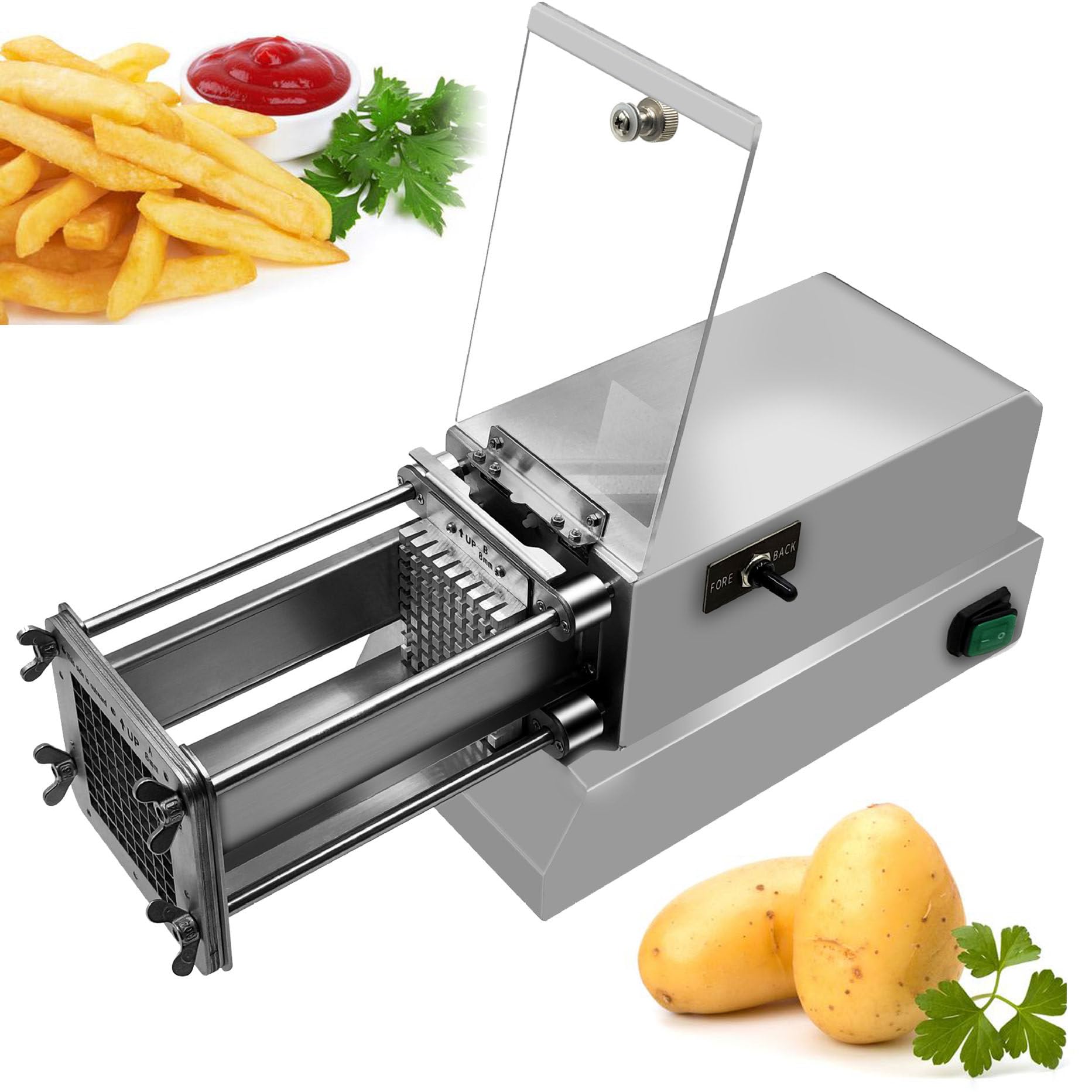 asdchZen Electric French Fry Cutter, Electric Potato Chip Cutter Stainless Steel Potato Chipper With 4 Types Of Blade, Great For Potatoes Carrots Cucumbers For Commercial Kitchen,Silver