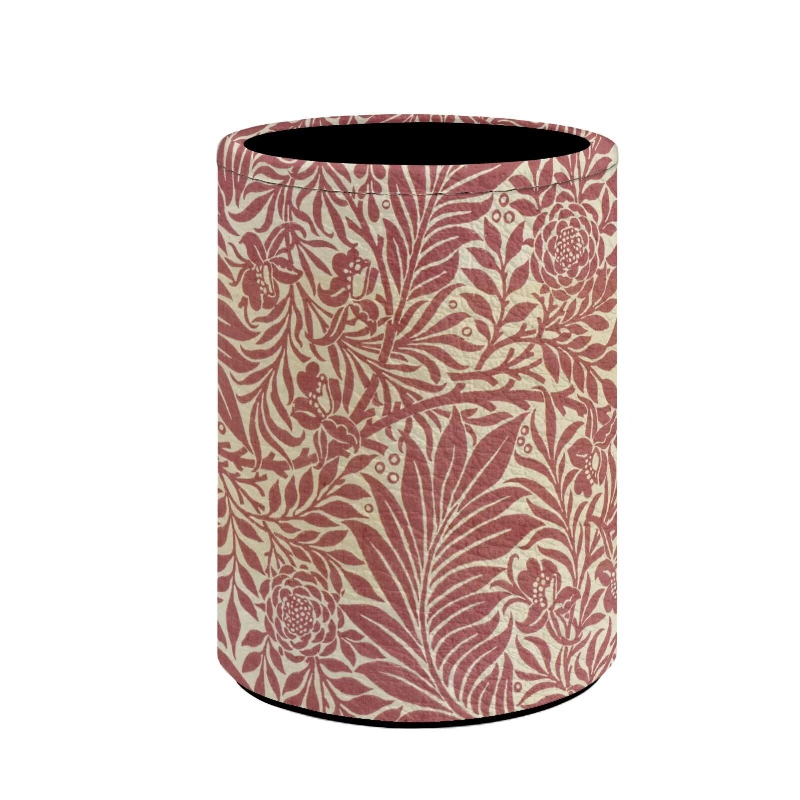 Buxolandt Retro Red Leaf Flower Print Round Pen Holder for Home Office Supplies Desk Cute Stand Pencil Cup Pot Makeup Brush Holder Leather Desk Organizer for Classroom Library, Accessories Decor