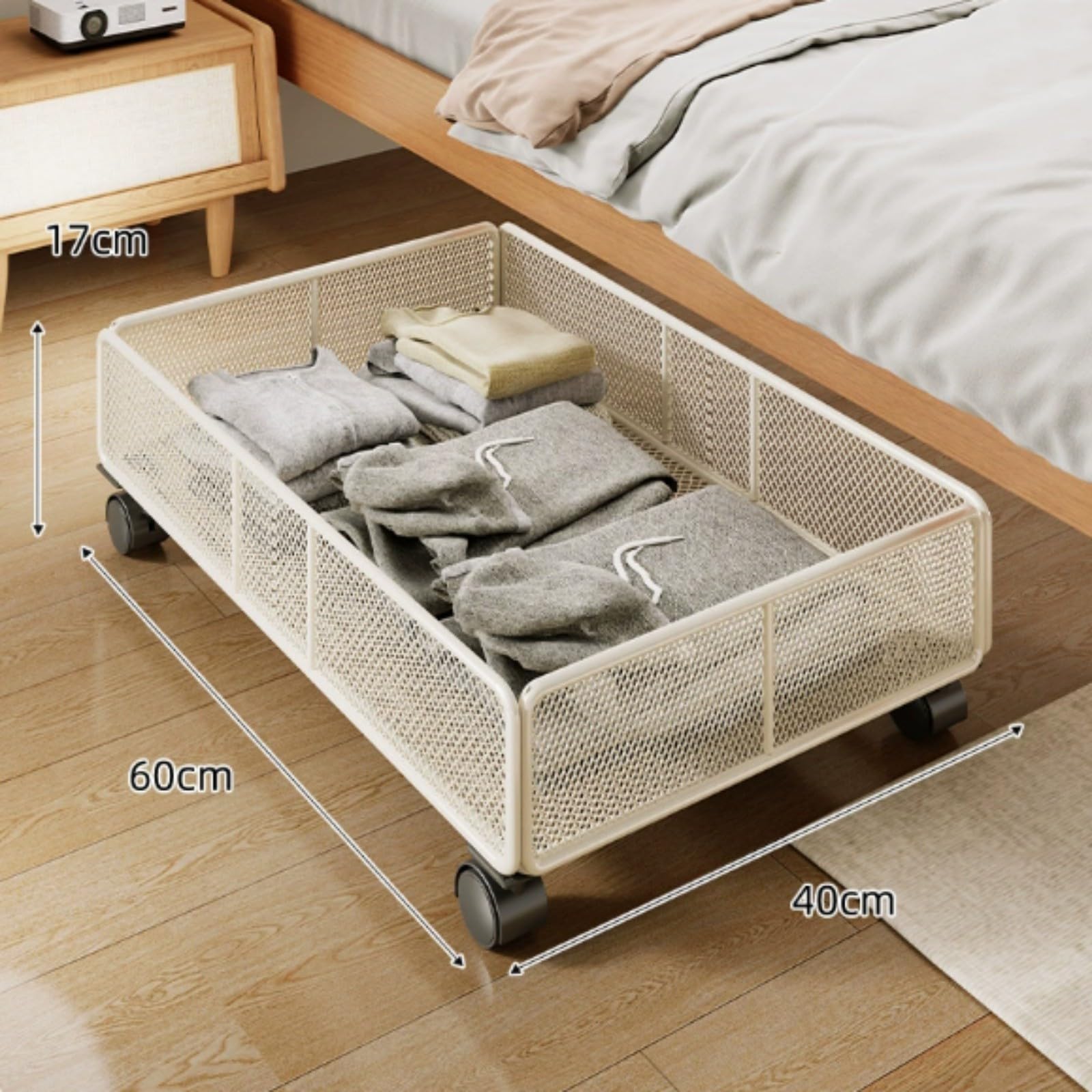Scatola portaoggetti sotto il letto con ruote, grande capacità, in metallo, organizer per vestiti, scarpe, libri, camera da letto, ufficio, nero, 60 x 40 x 17 cm (bianco)
