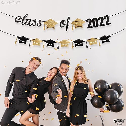 Miniatura 8 de Banner negro y dorado para la clase de 2022, 10 pies, sin bricolaje, pancarta de graduación 2022 con guirnalda de gorra de graduación, decoraciones