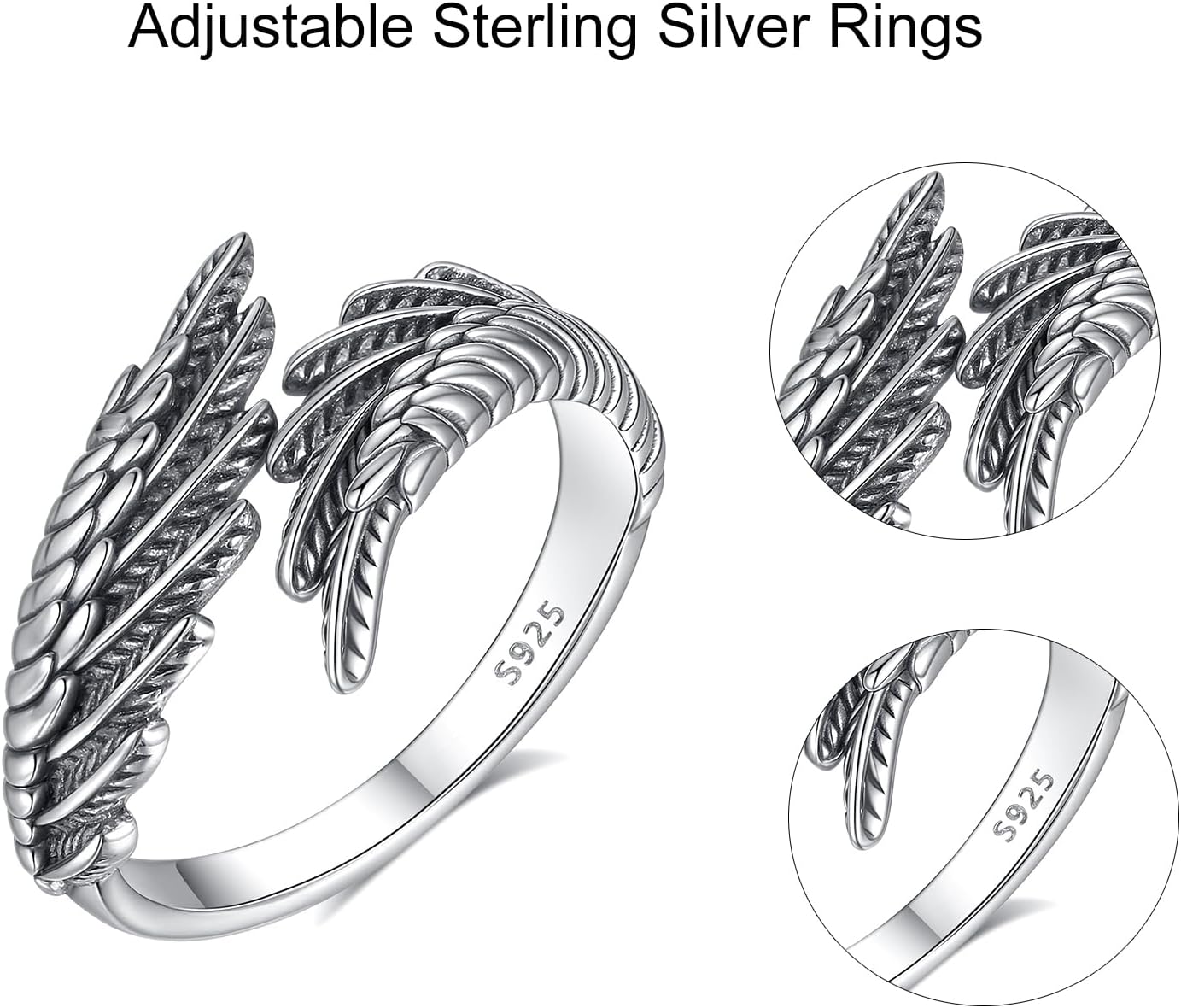 925 Sterling Silver Ring, Angel Wings Ring Vintage Feather Adjustable Rings for Women Dainty Wrap Open Rings Spiritual Jewelry Gfit - Image 5