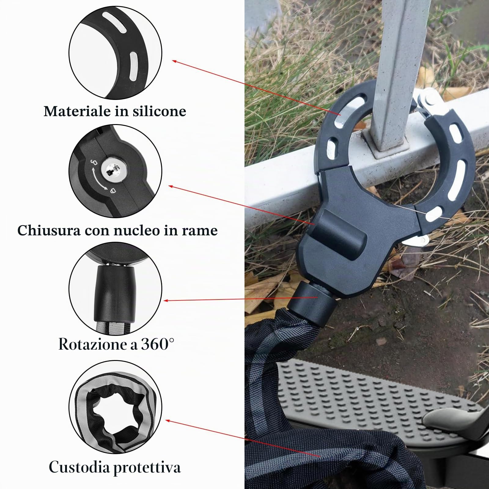 Lucchetto Monopattino Elettrico, Lucchetto Bicicletta Antifurto con Chiave E Borsa Impermeabile, Catena Bicicletta Antifurto per E Scooter, Bicicletta, Carrozzine