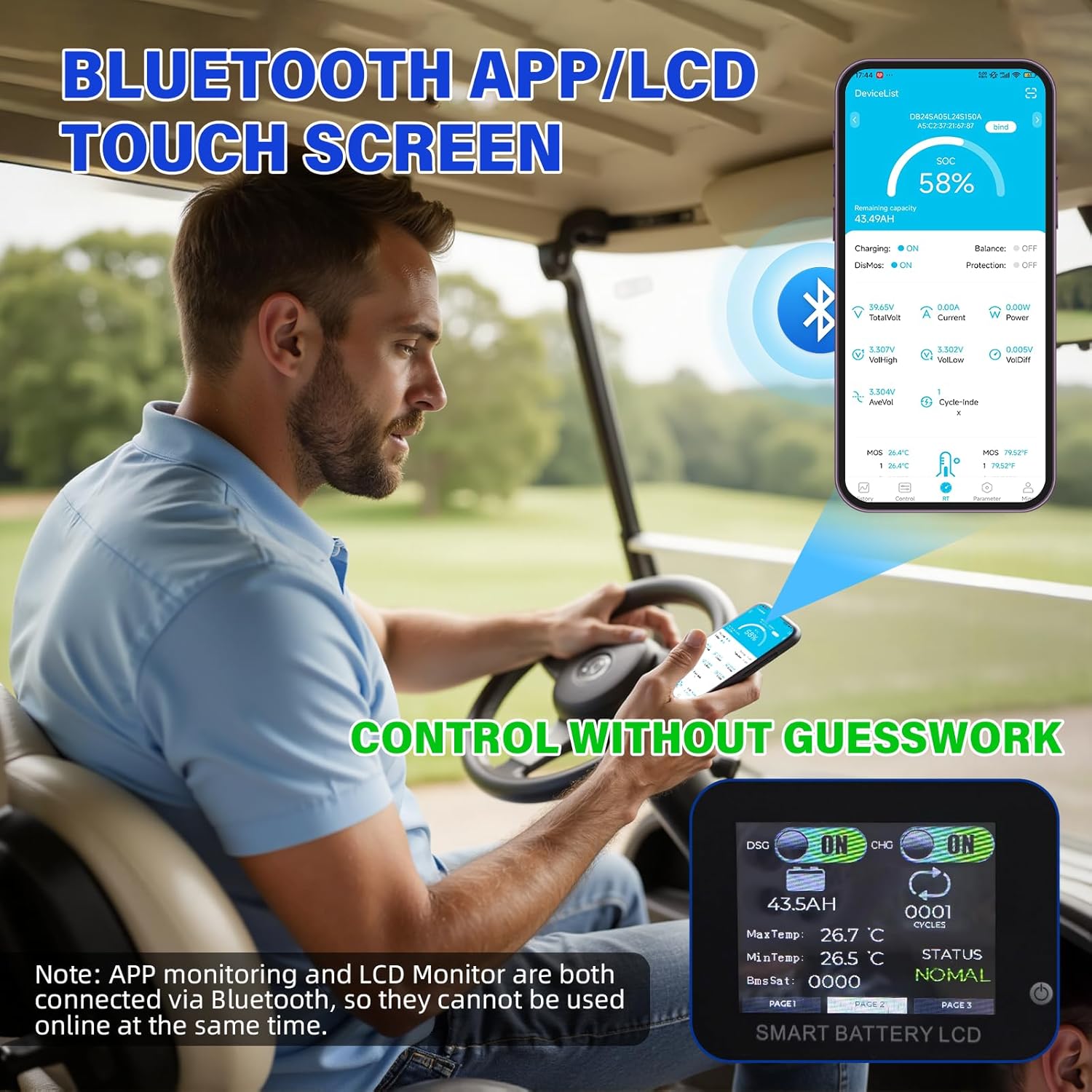 36V 75Ah LiFePO4 battery, Bluetooth 200A BMS and Touch LCD Display, 43.8V 15A Charger IP67, Mounting Racket, 38.4V 2880Wh with 10 Years Lifespan Max 4500W(6HP) Perfect for Golf Carts, Trolling Motor
