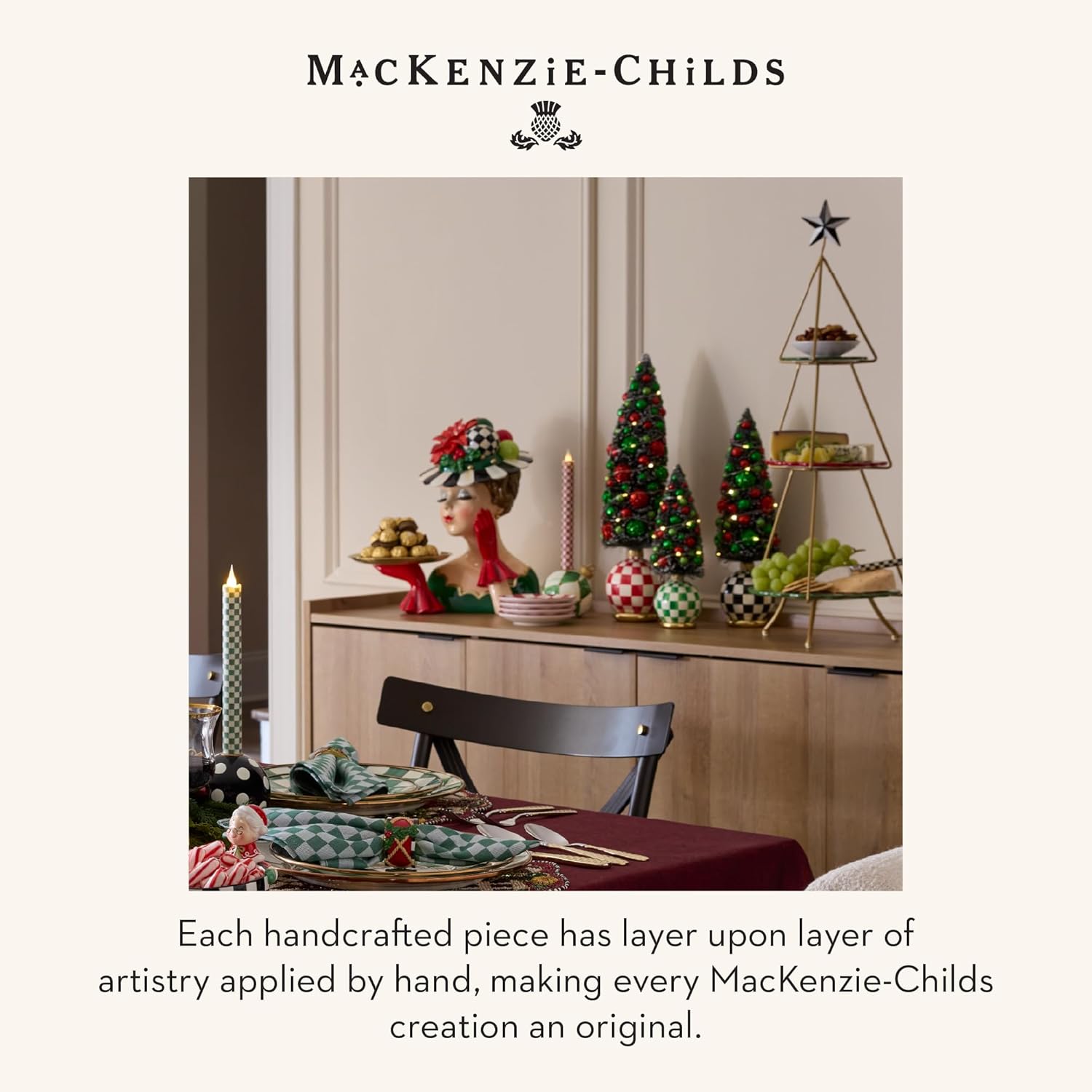 MACKENZIE-CHILDS Ceramic Tiered Plate Stand, Three-Tiered Serving Tray, Party Food Display, Check It Out Tree
