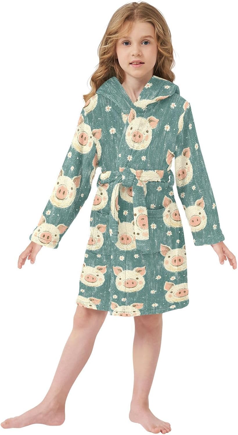 senya Color Pig on Board Toddler Hooded Bathrobe Kids Soft Plush Bath Towel Robes for Boys Girls 2-12 Years