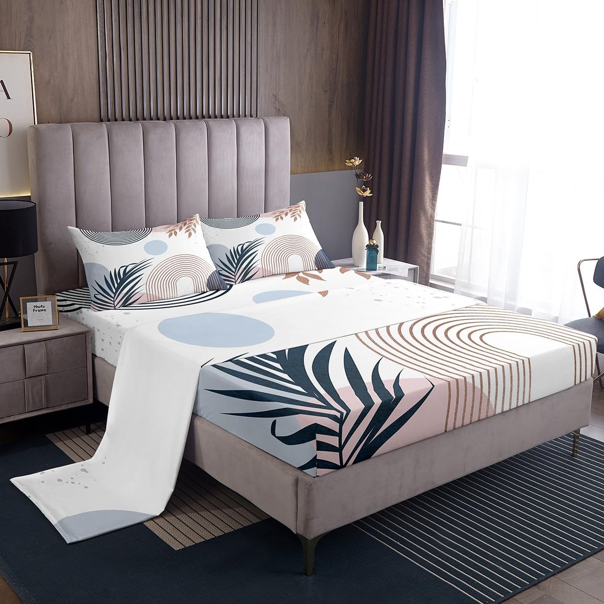 Homewish Pink And Blue Boho Mid Century Bed Sheets Single,Modern Minimalistic Simple Sheet Set，Bohemian Abstract Geometric Bedding Set -,Botanical Aesthetic Fitted Flat Sheets 3 Piece