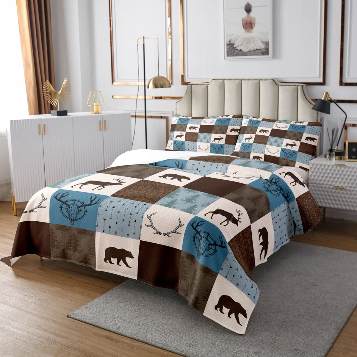 Kołdra na polowanie dzikie zwierzęta, pojedynczy rozmiar, rustykalny niedźwiedź, jeleń, poroże, strzała, patchwork, zestaw dla dzieci, dziewczynek, do sypialni, na przygody na wsi, kampera, dekoracja