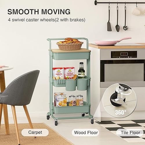 Vista 5 de DTK Carrito utilitario rodante de 3 niveles con tapa superior, carrito de almacenamiento de cocina móvil con ruedas bloqueables, tazas, ganchos