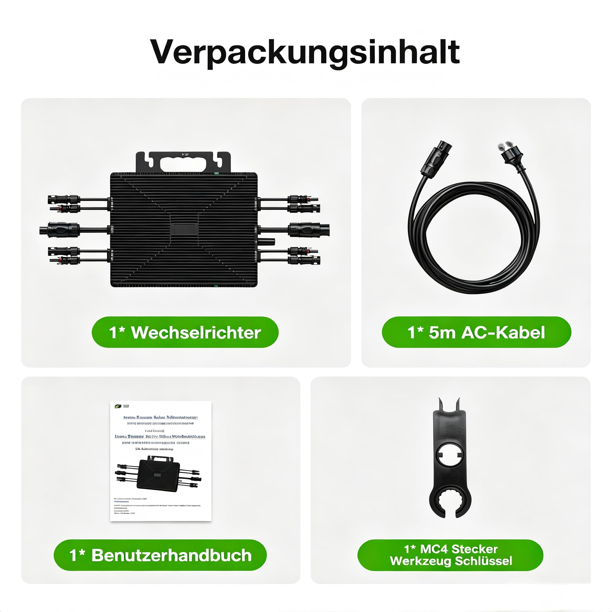 Balkonkraftwerk Wechselrichter 1600W, intelligenter Mikrowechselrichter mit WLAN & Bluetooth, Fernüberwachung per App, integriertes MPPT, IP67 wasserdicht sowie (1600W+5m KABLE)