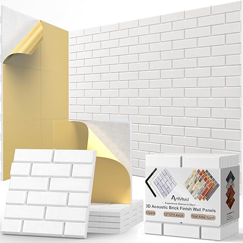 Miniatura 9 de Paquete de 12 paneles acústicos, paneles autoadhesivos con patrón de ladrillo 3D a prueba de sonido para paredes, paneles decorativos de pared con