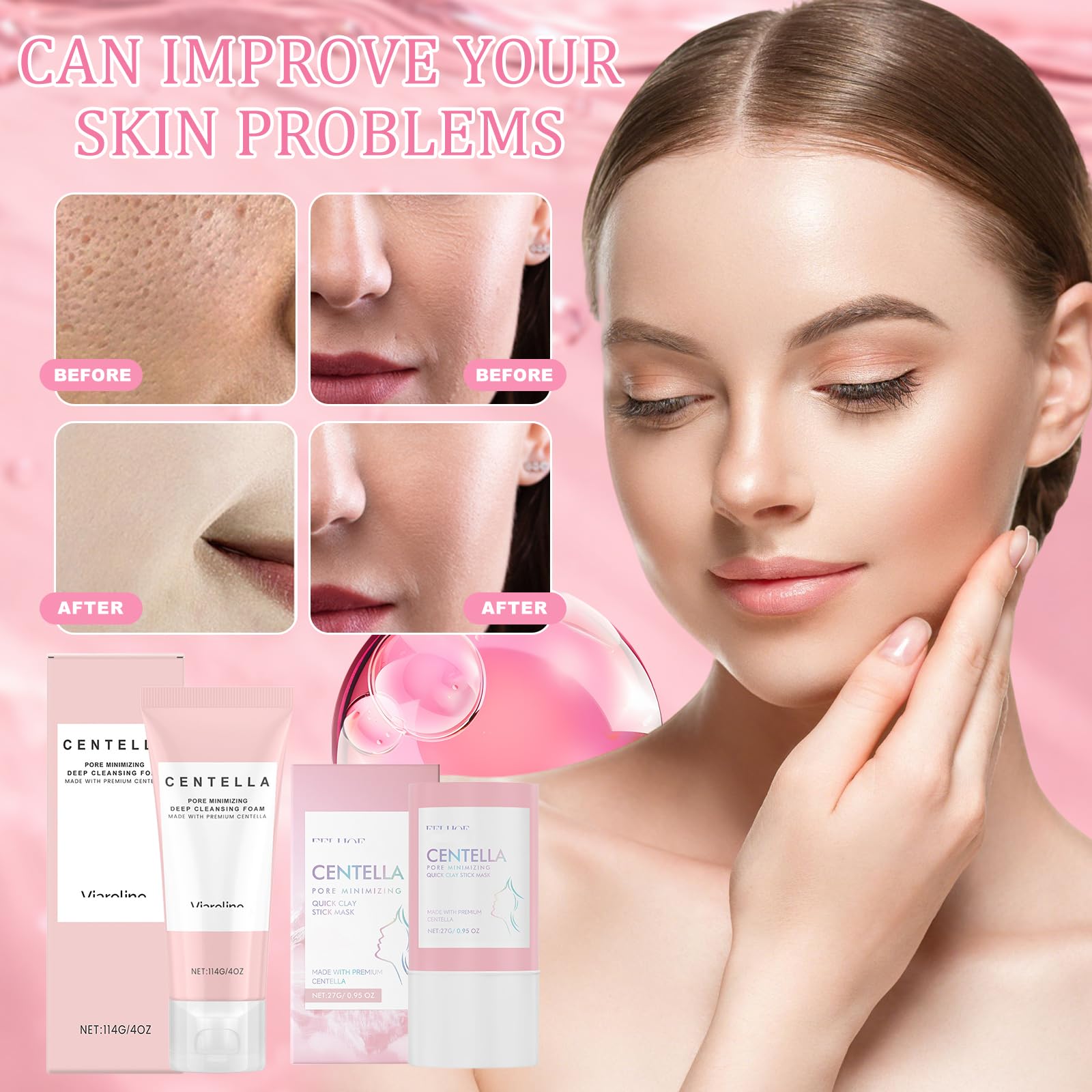 2 Pezzi Centella Detergente Viso + Maschera per Argilla, Kit Centella Asiatica, Madagascar CENtella Skincare, Riduce i Pori, Clay Stick CEntella Ampoule Foam, Adatto a Tutti i Tipi di Pelle