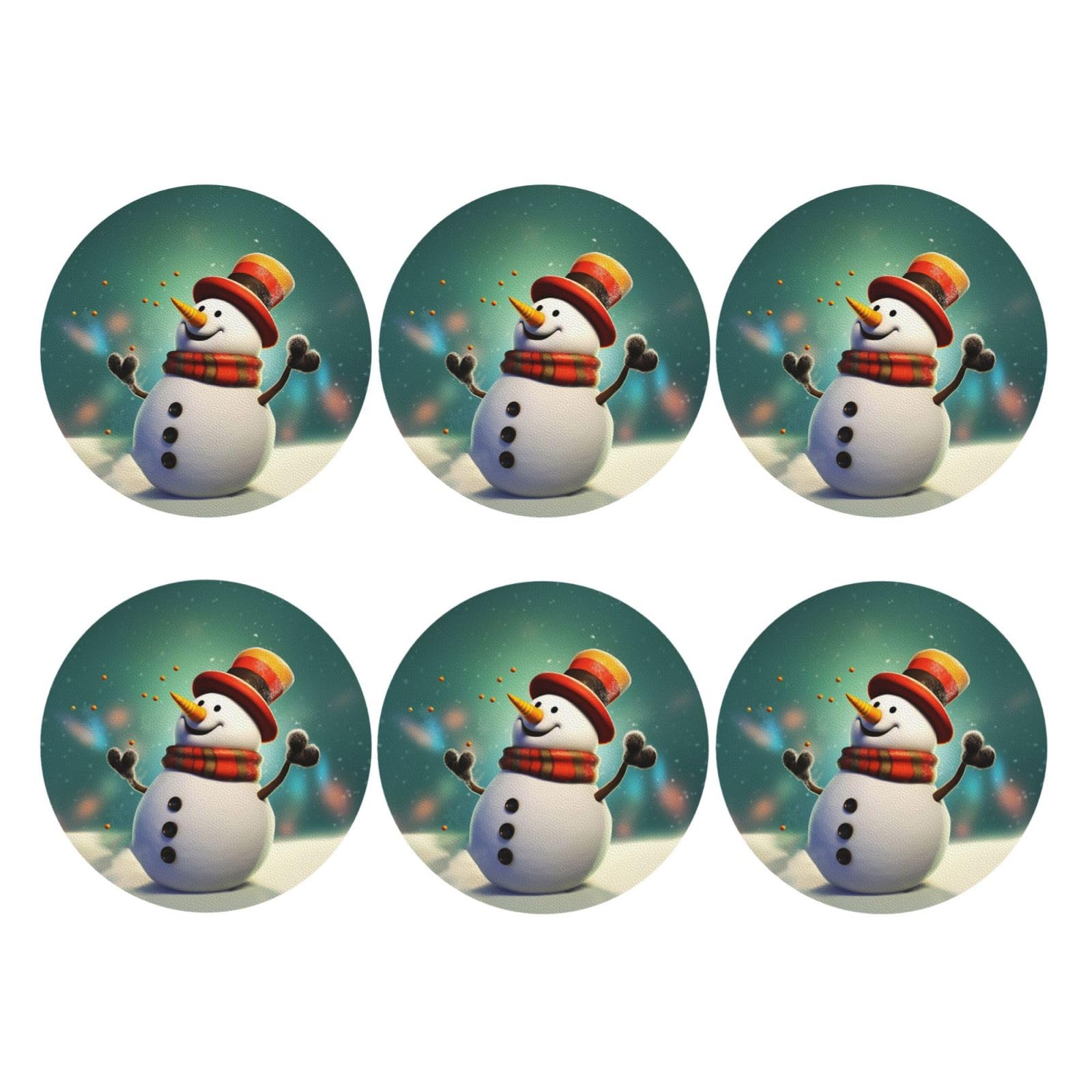 6pcs Leather Coasters for Drinks, Funny Snowman Drink Coasters for Tabletop Protection, 4" Cup Coasters for Coffee Table Decor, Non-Slip Drinking Cup Mat for Hot Or Cold Drink