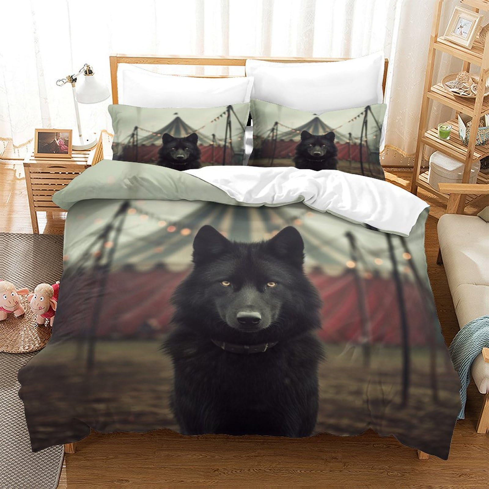 P1S9U7W5Y 3D Printed Wolf Pattern Duvet Cover Set 3pcs Microfiber Black Wolf Animal Bedding Set Single（140x200cm）