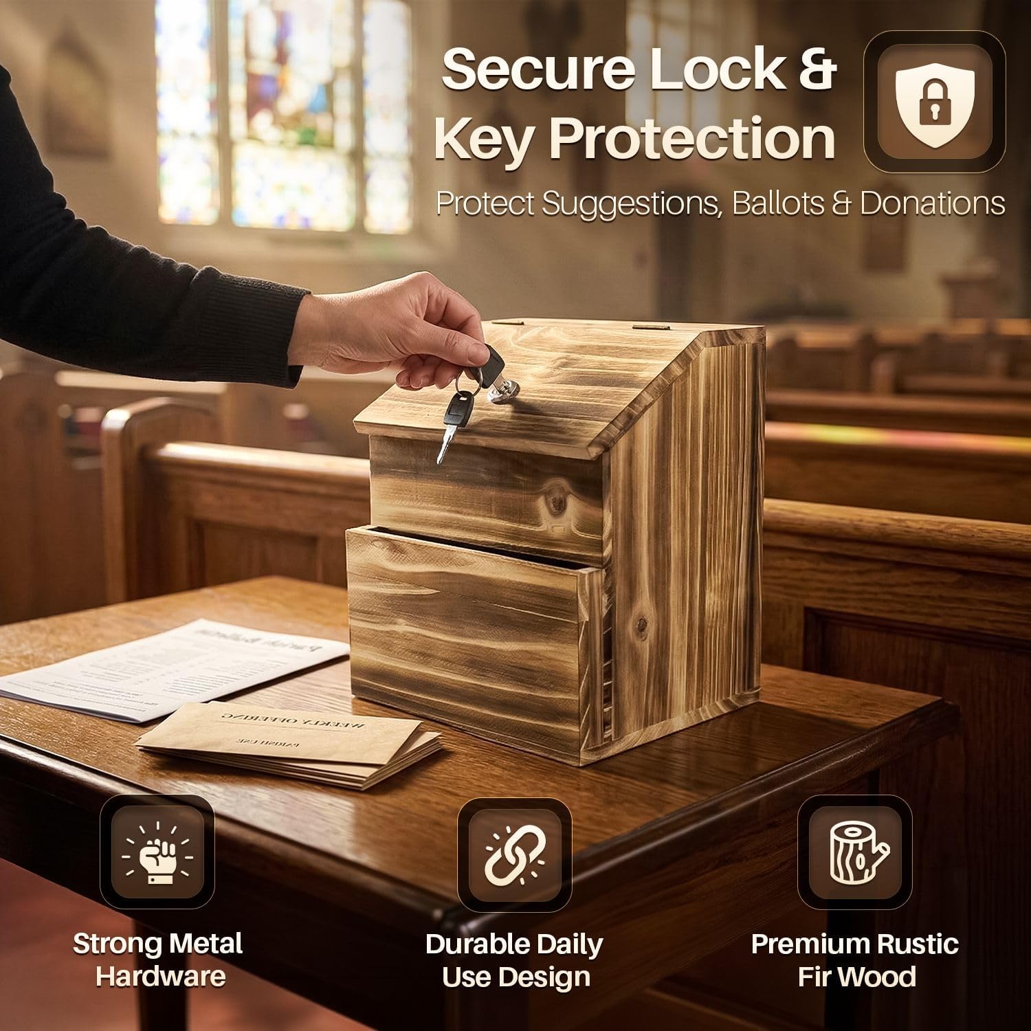 Flexzion Wooden Lockable Suggestion Box with Key Lock Lid, Wall Mounted or Free Standing Locked Ballot Prayer Donation Comment Cash Tip Money Drop Box Includes Hardware, 2 Keys