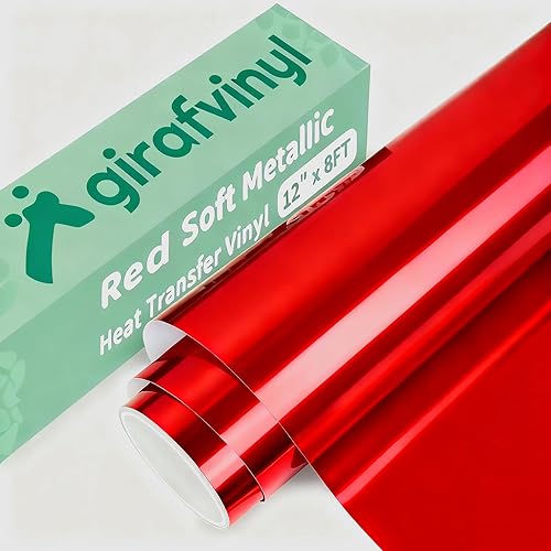 GIRAFVINYL Red Metallic HTV Vinyl, Red Soft Foil Iron On Vinyl - 12" X 8ft Chrome HTV Heat Transfer Vinyl for DIY T-Shirt, Bags, Garments