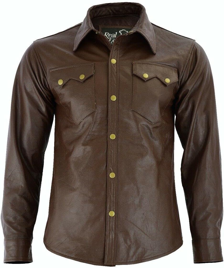 Men's Leather Shirt Western Trucker Cowboy Real Leather Summer Jacket Burdungy