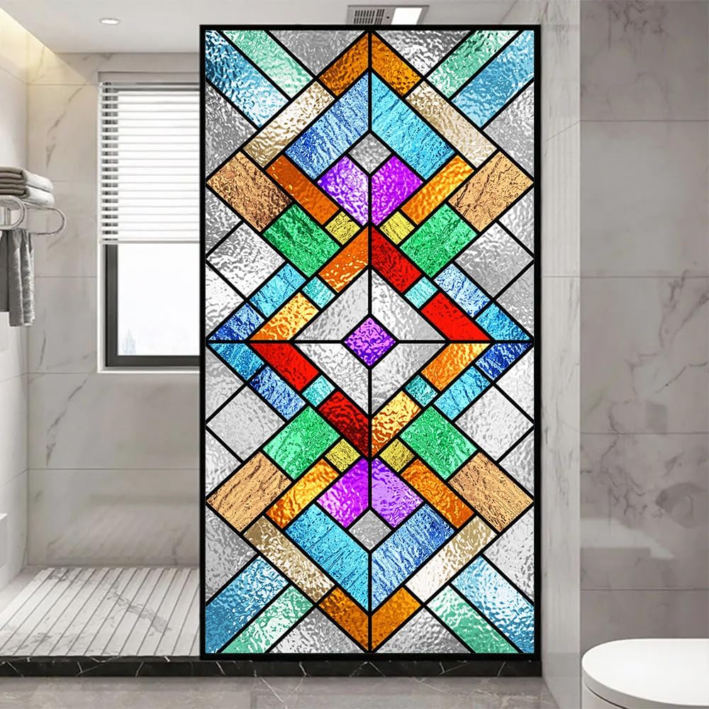 Vintage Stained Glass Window Film Decorative Privacy Window Stickers Non Adhesive Static Cling for Home Office Beautiful Design (Blue,100x200cm(39.4"x78.74"))