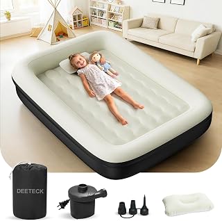 Deeteck Inflatable Toddler Travel Bed - Toddler Blow Up Mattress with Safety Sides - Kids Air Mattress with Electric Pump & Carry Bag - Lightweight Camping Portable Bed for Sleeping Outddor - 64inch