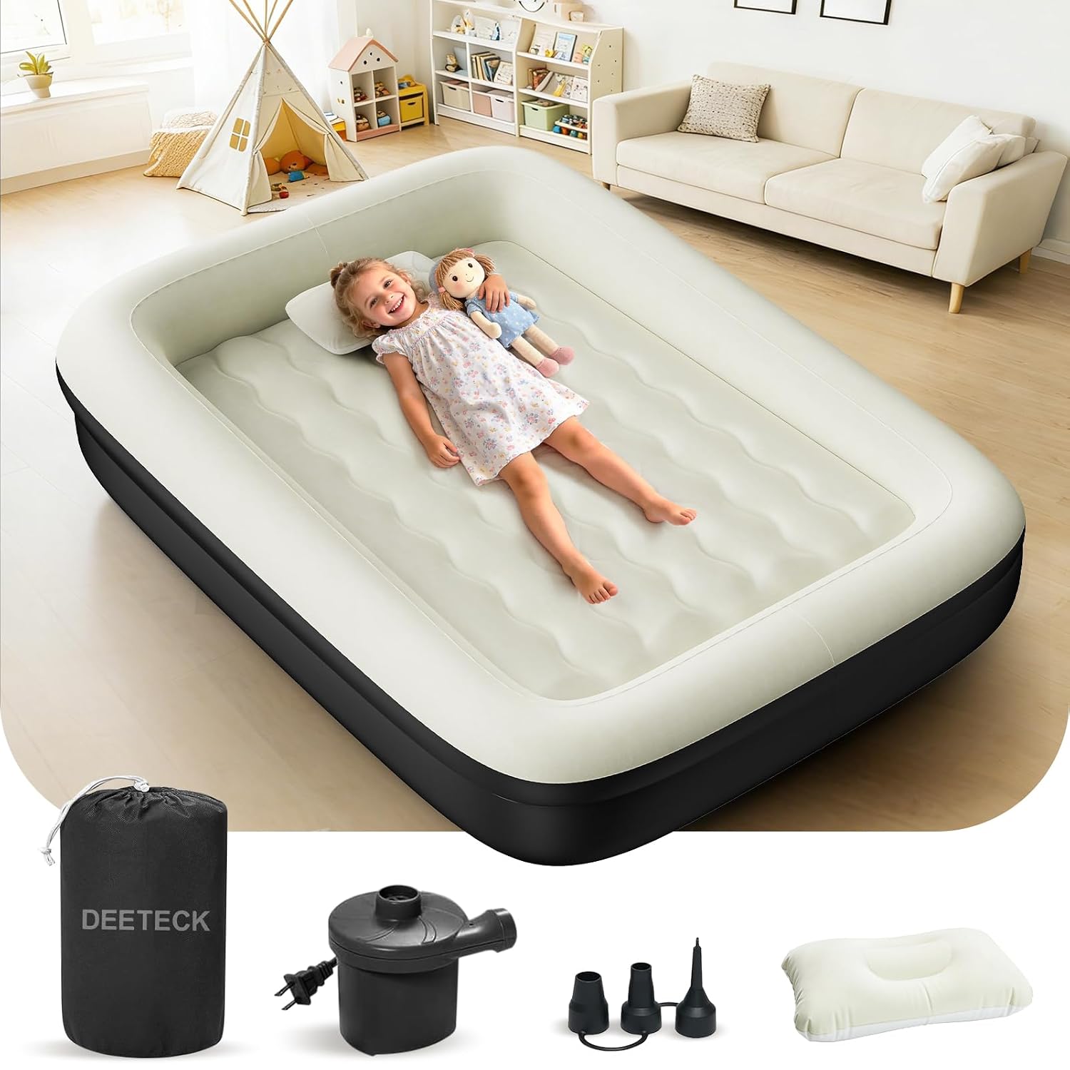 Deeteck Inflatable Toddler Travel Bed – Toddler Blow Up Mattress with Safety Sides – Kids Air Mattress with Electric Pump & Carry Bag – Lightweight Camping Portable Bed for Sleeping Outddor – 64inch