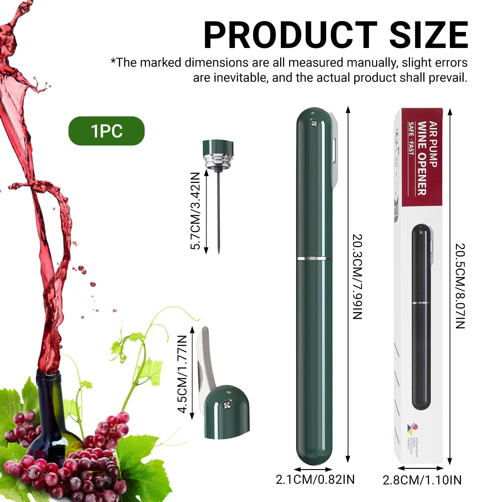 Abrelatas de vino de presión de aire 2 en 1, con Corta Cápsulas, Sacacorchos Manual Portátil, Abrebotellas de Vino, Abrebotellas de Vino, Apertura Rápida, para Viajes y Regalo para Amantes (Verde)