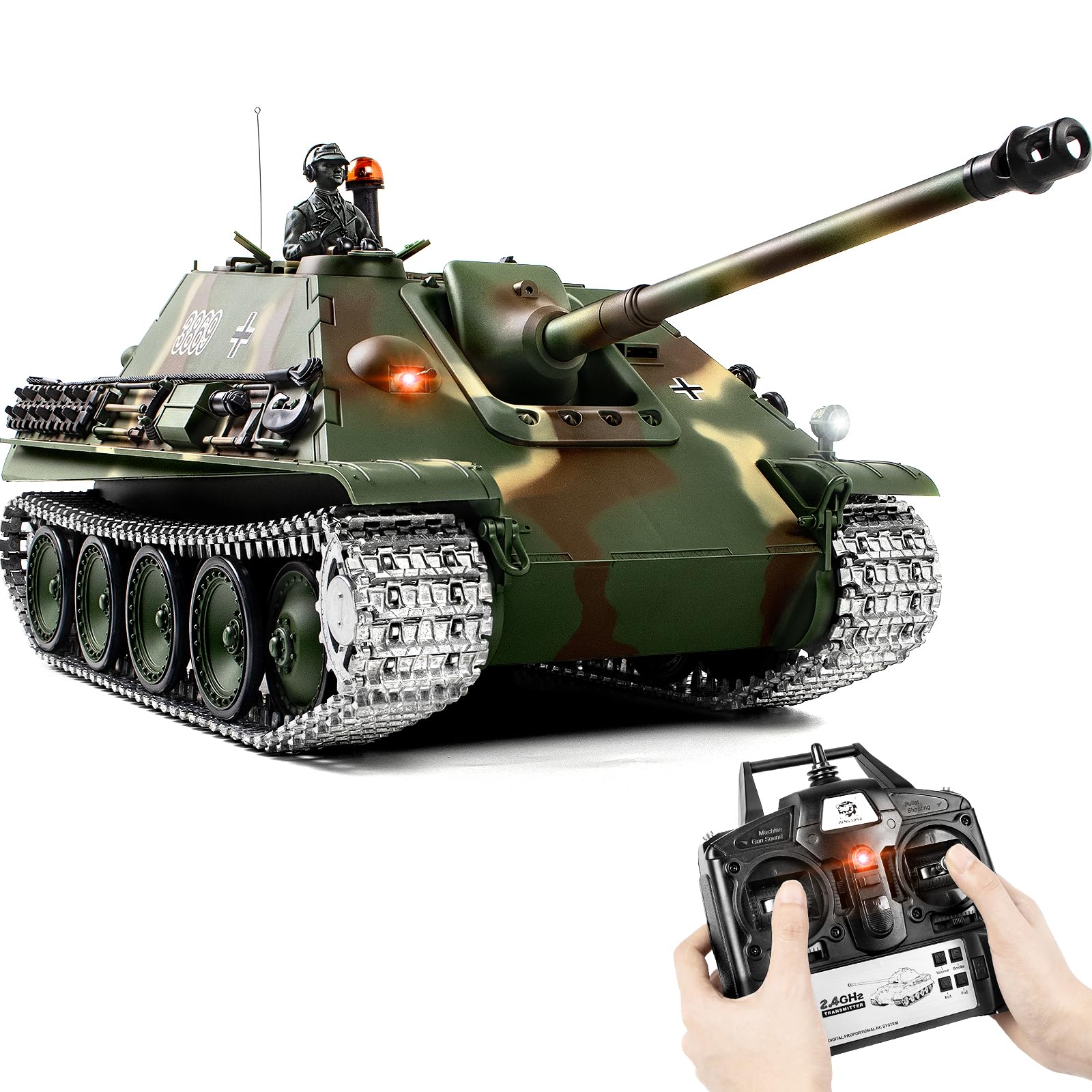1/16 RC Tank, Heng Long German Jagdpanther Army Toy with Smoke, Sound, Light, 2.4G Remote Control Tank That Shoots with Upgraded Metal Tracks, Idler and Sprocket Wheel, Steel Gearbox, Two Batteries