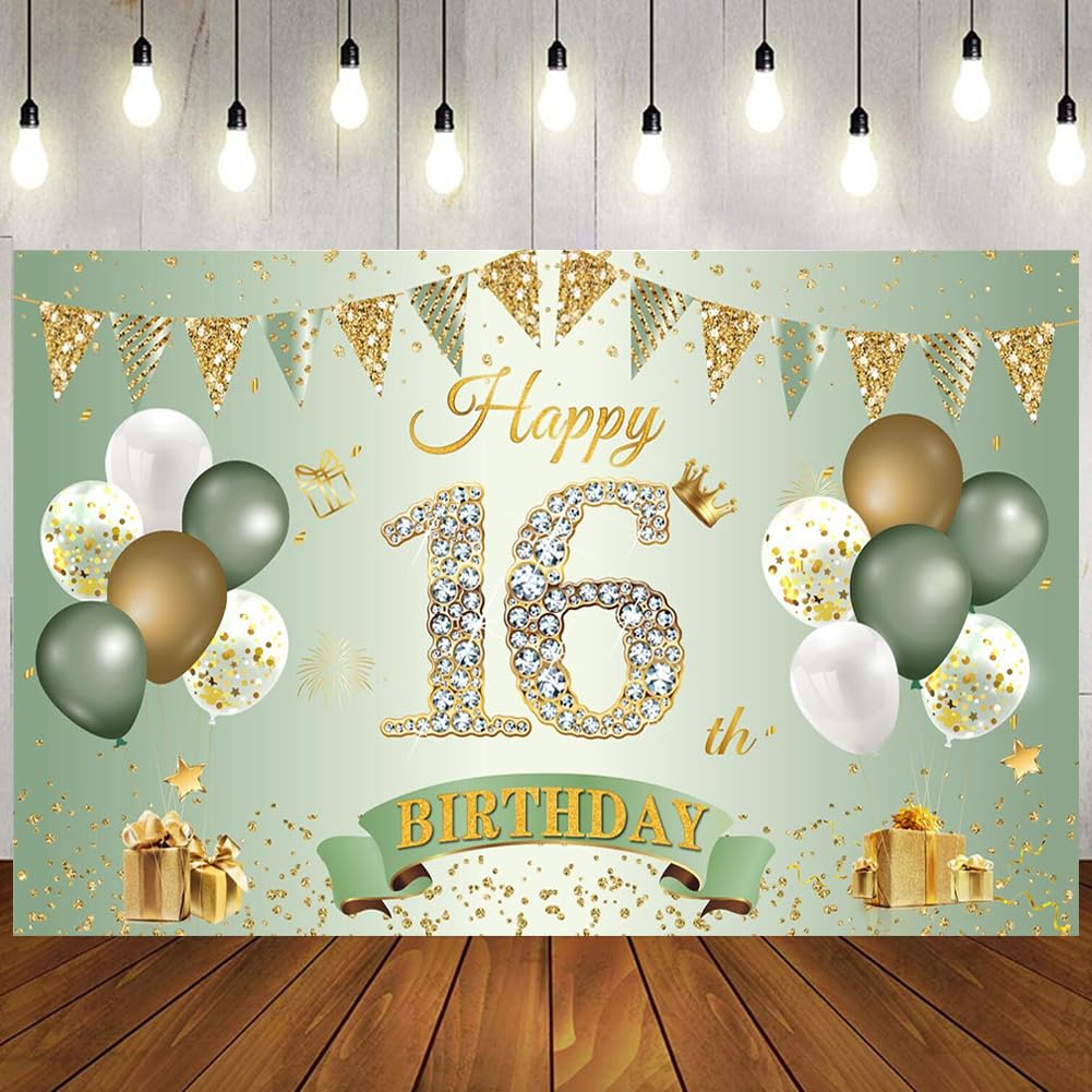 Sage Green Gold 1.1 x 1.8 m 16th Birthday Banner - Perfect for Boys & Girls' 16th Birthday Party