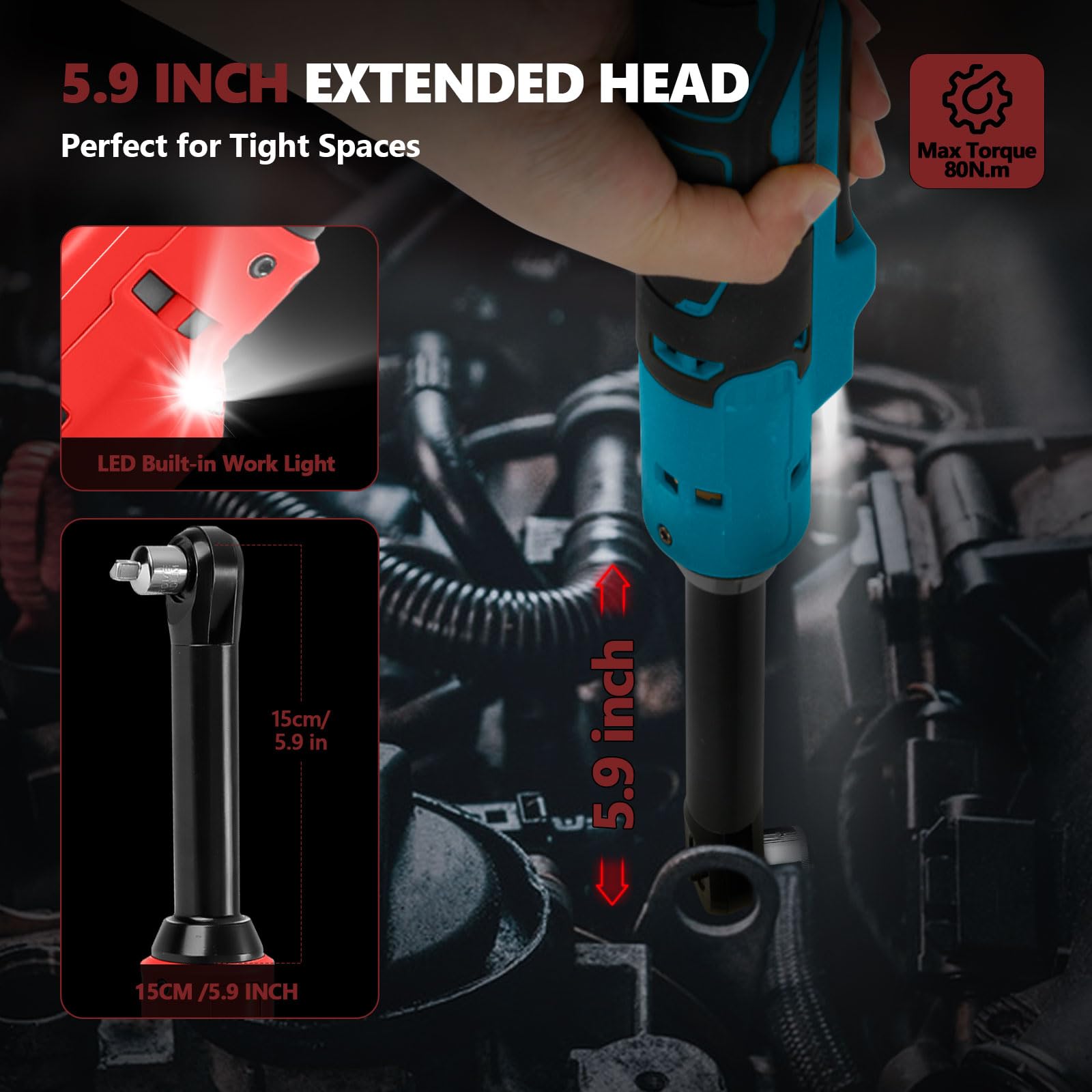 Chiave a cricchetto migliorata a batteria da 3/8" per batteria Milwaukee M18 18 V, 80 N.m, 320 giri/min, velocità variabile, chiave a cricchetto elettrica allungata con illuminazione a LED