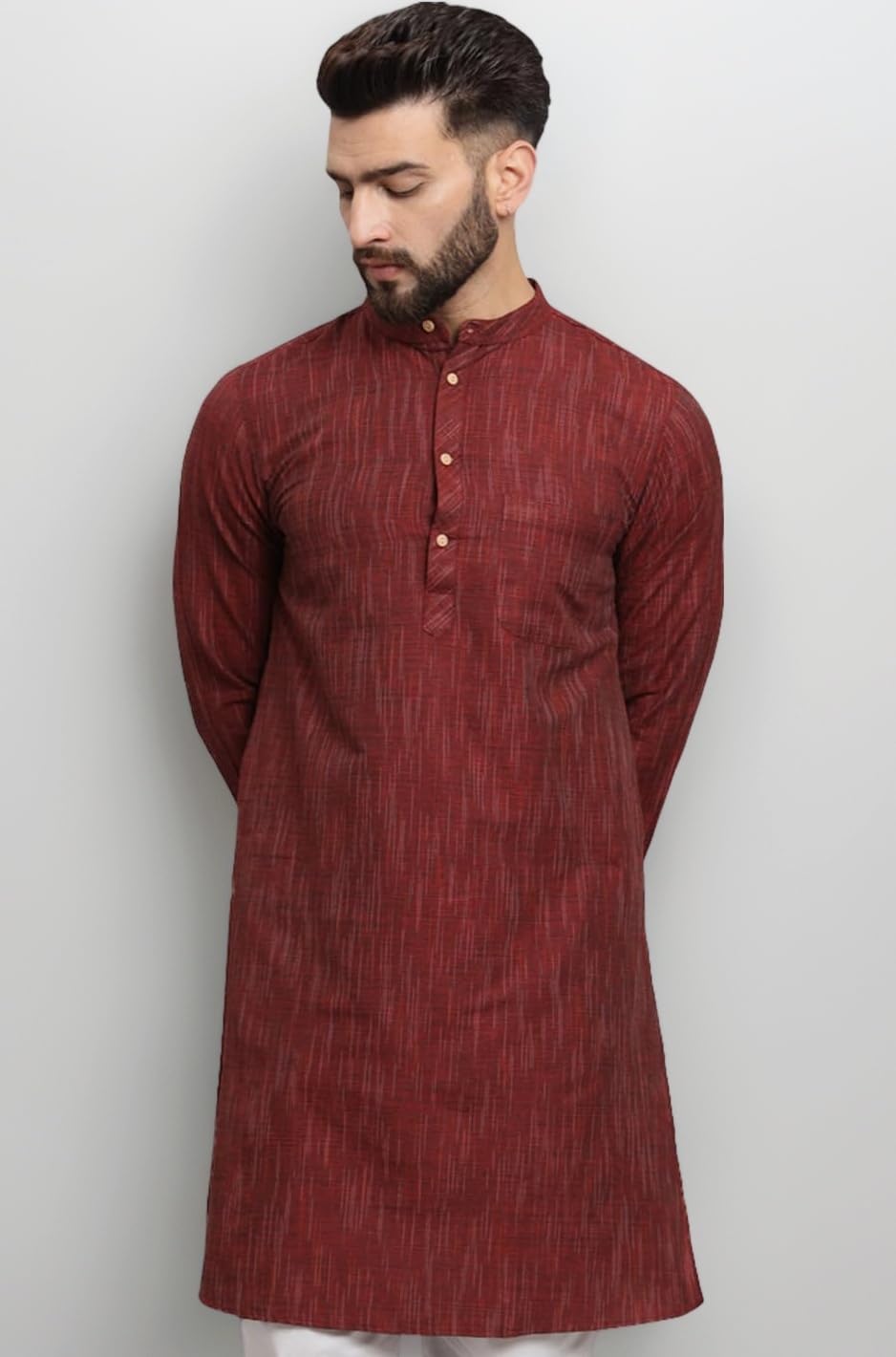 - Men's Cotton Regular Textured Long Kurta Full Sleeves - Casual Ethnic Wear
