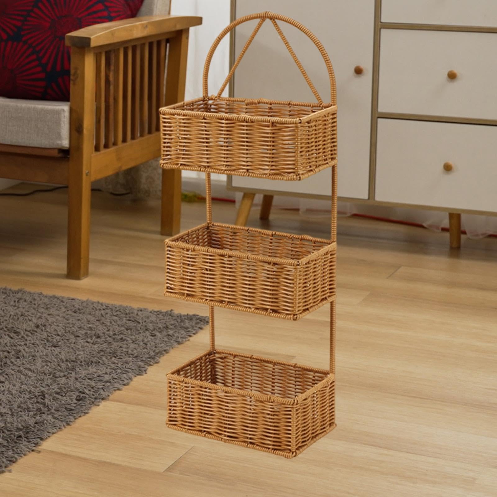 perfk Cesta de Pared de ratán sintético, Organizador de Almacenamiento de artículos Diversos, Cesta Colgante Tejida a Mano, Decorativa para jardín, hogar y, Rectángulo de 3