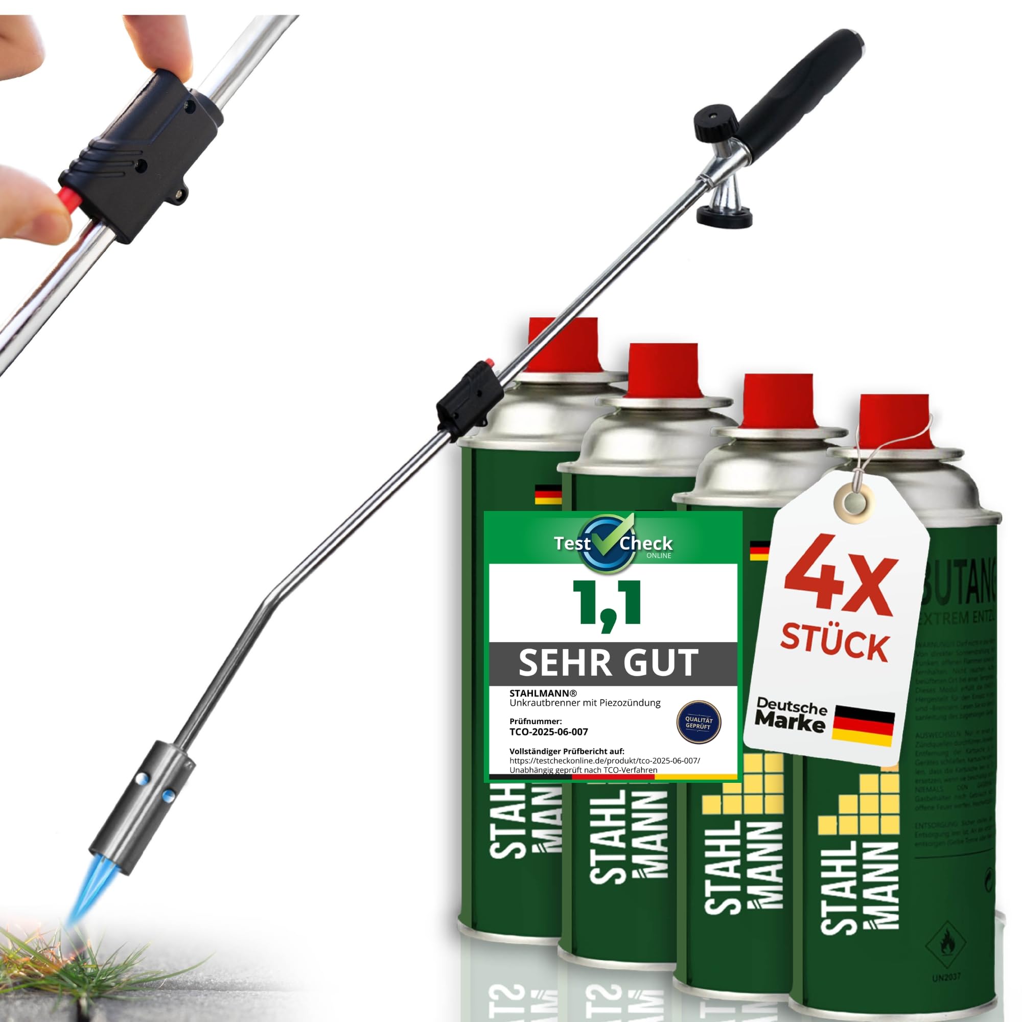 STAHLMANN®Unkrautvernichter inkl. Gaskartuschen - stabiler Unkrautbrenner mit Piezozündung stufenlos regulierbar – Unkrautentferner Gerät mit ergonomischen Griff (4 Kartuschen)