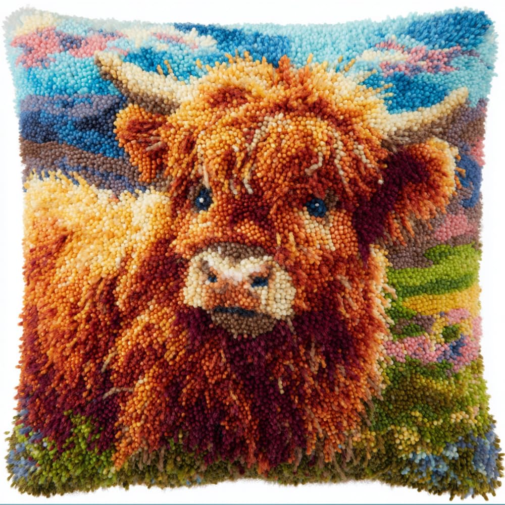 Taxpy Latch Hook Pillow Case Kits,Baby Scotland Highland Cow 17X17Inch 3D DIY Latch Hook Cushion Cover Kit,Knitting Kits Cushion for Adults and Beginners Rug Making Kit for Starters