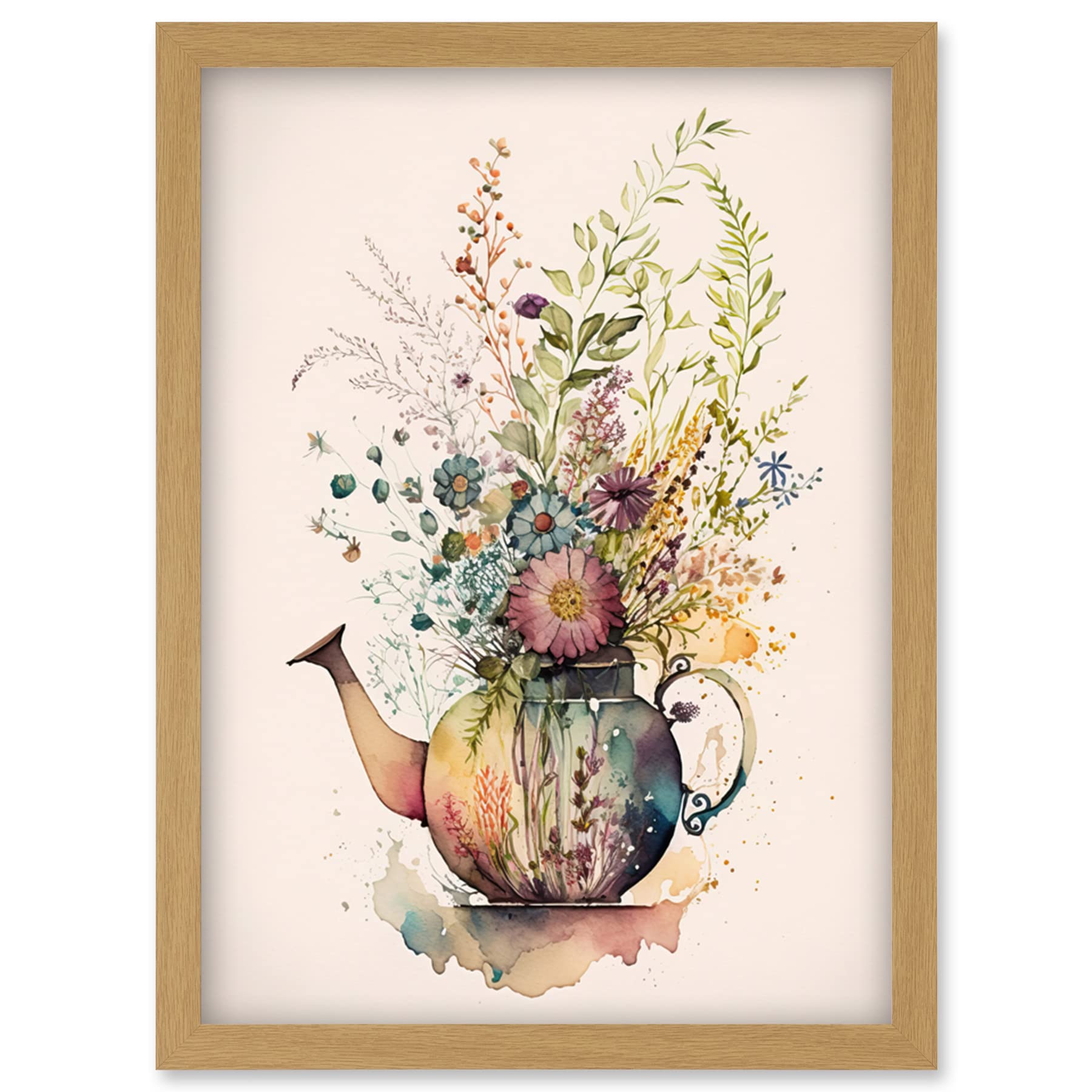 Artery8 Wildflower Floral Spring Bouquet in a Teapot Vase Artwork Framed Wall Art Print A4