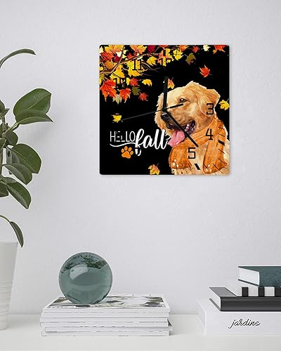 Miniatura 3 de Reloj de pared de madera con texto en inglés Hello Fall, silencioso, sin tictac, bufanda naranja con hoja de arce, color negro, cuadrado, funciona