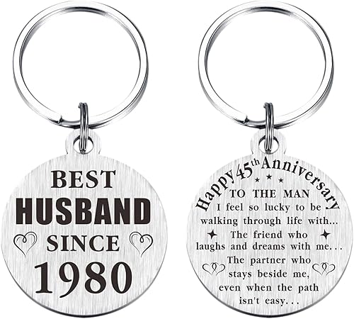 TANWIH Llavero de 45 aniversario de boda, regalo para el mejor marido desde 1980, decoración de aniversario de 45 años para él y hombres, plateado,