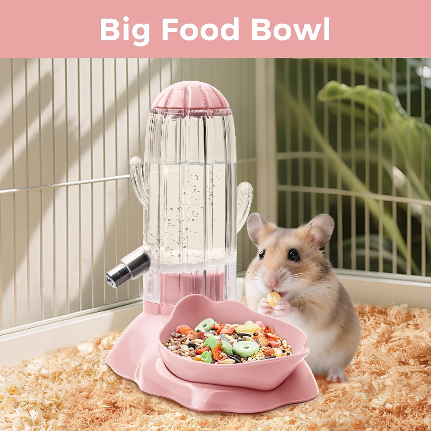 VANNON 2 in 1 Hamster Feeder Small Animal Water Bottle & Food Bowl Water Dispenser & Food Dish Bowl for Hamster, Small Mice, Rat, Gerbil, 4.6oz/130ml, BPA Free, Pink