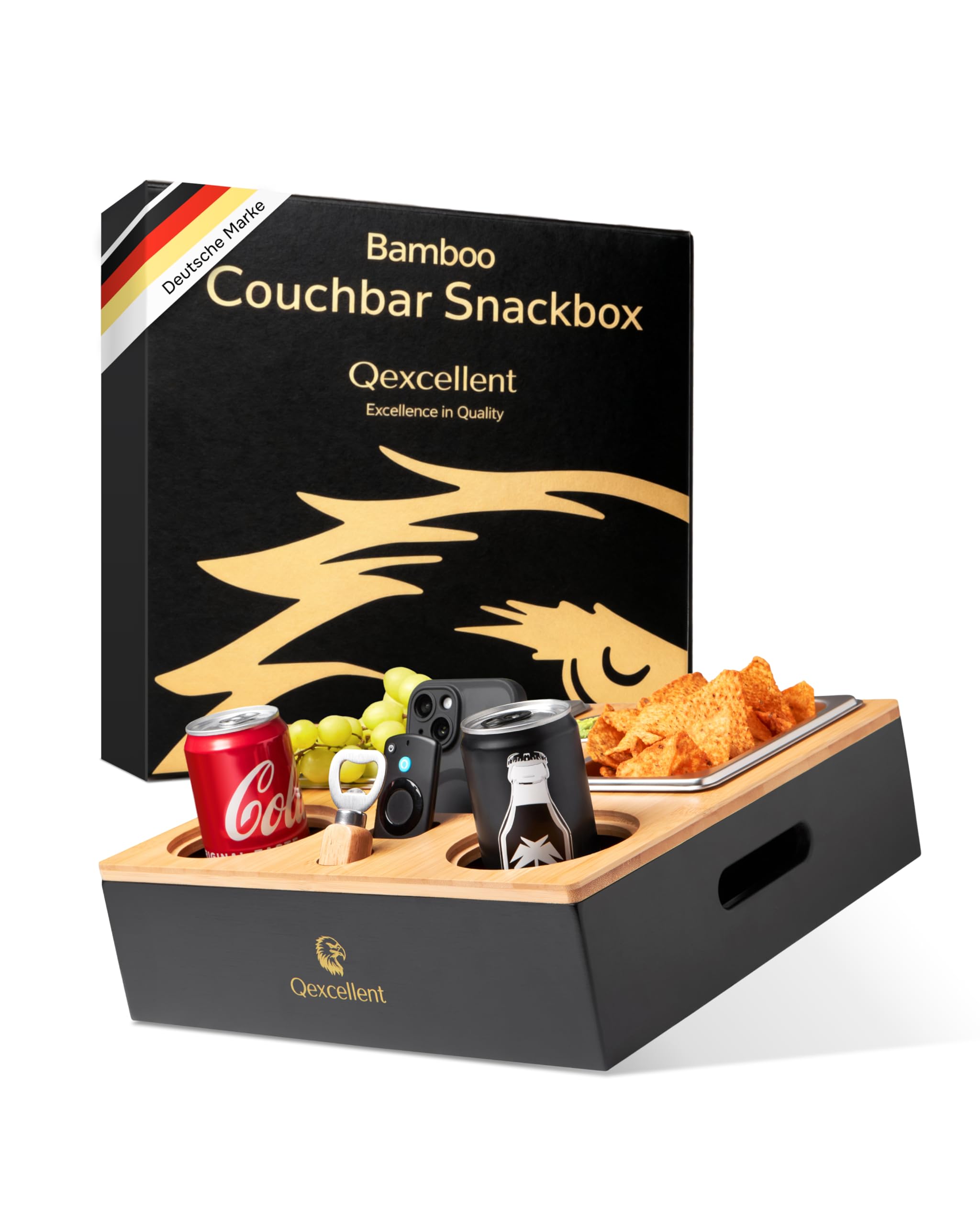 Couchbar Boîte à goûter avec compartiments - Plateau de service 3 en 1 et porte-gobelet - 4 bols en acier inoxydable pour collations et sauces - Cadeaux pour femmes et hommes, organisateur