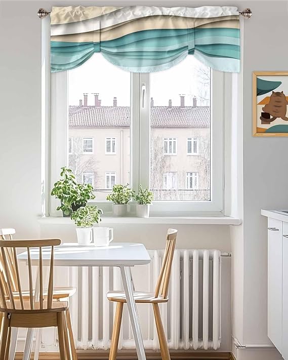 Teal Brown Ombre Tie Up Valance Curtains for Windows, Modern Geometric Kitchen Curtains Window Treatments, Abstract Moire Art Short Window Shades Valances for Bedroom Bathroom Cafe 42x12