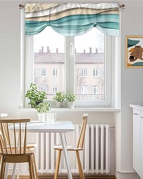 Teal Brown Ombre Tie Up Valance Curtains for Windows, Modern Geometric Kitchen Curtains Window Treatments, Abstract Moire Art Short Window Shades Valances for Bedroom Bathroom Cafe 42x12