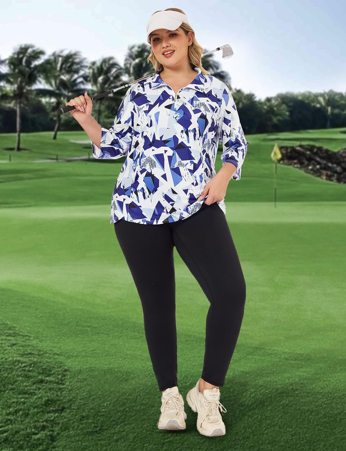 Tanst Sky Plus Size Womens Golf Polo Shirt 3/4 Sleeve Zip Up Workout Tops with Pockets